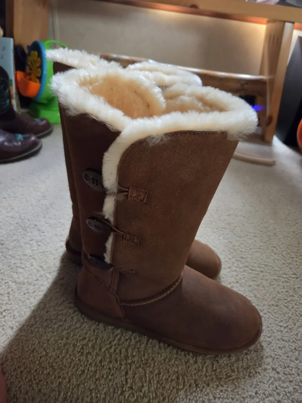 BearPaw Tall Shearling-Lined Suede Boots in Brown with Cream Fur